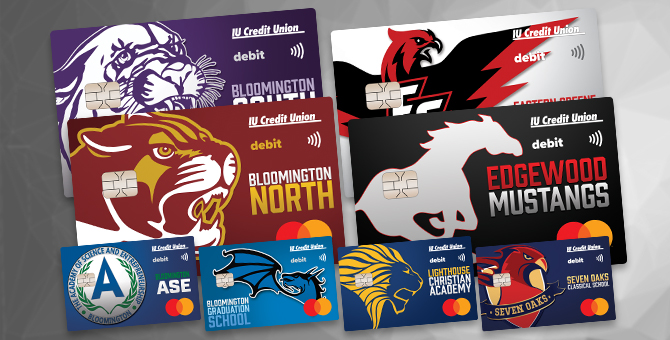 Photo collage of IUCU High School Spirit Debit Card designs