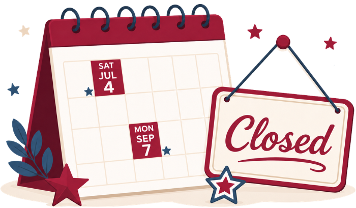 Illustration of a calendar with July 4 and September 7 marked, next to a hanging sign that says 'Closed.''