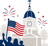 IU Credit Union promotes the Bloomington Fourth of July Parade on July 4 at 10:00 AM in downtown Bloomington, with patriotic courthouse and flag artwork.